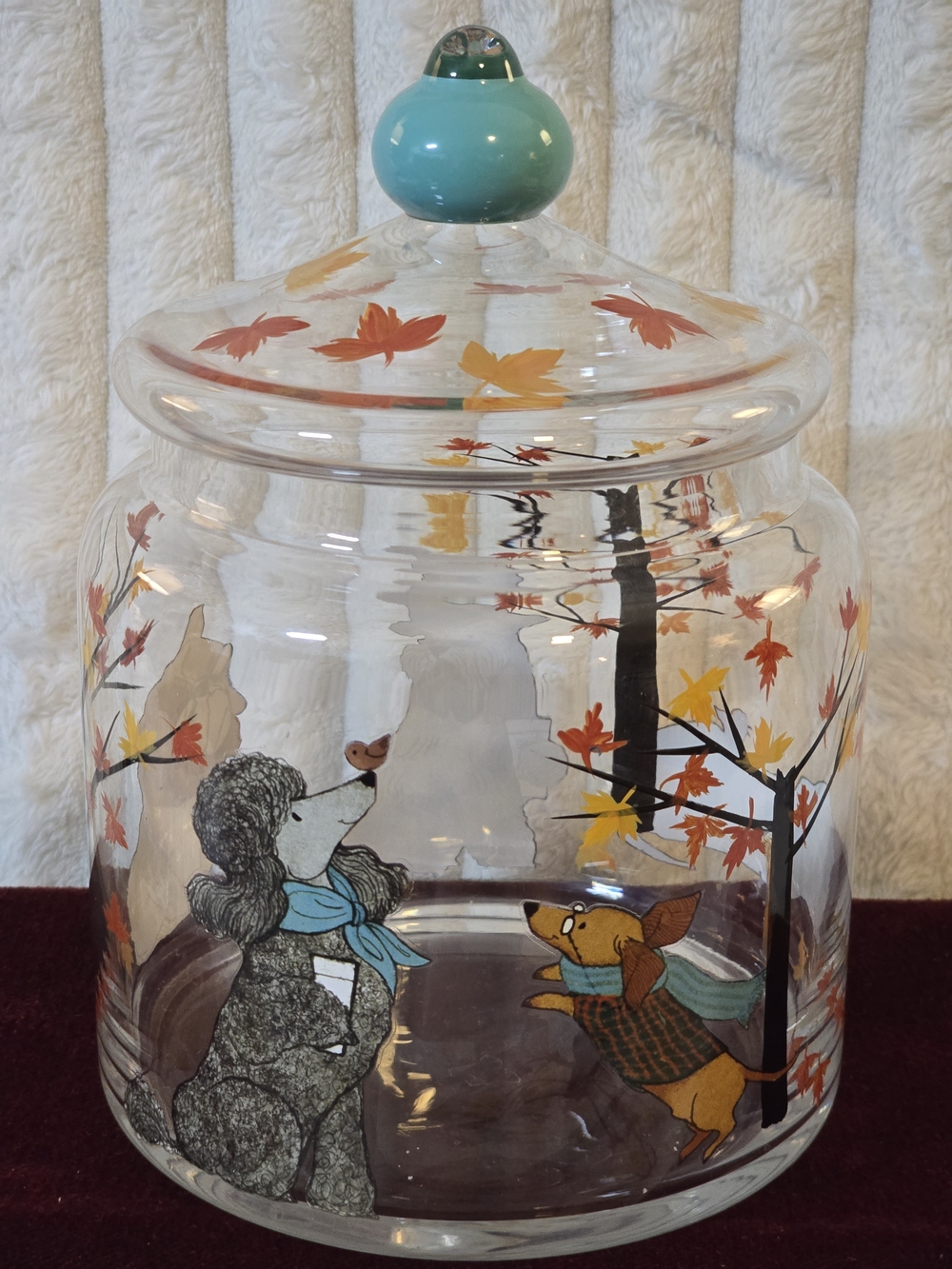 Pier 1 Imports Park Avenue Puppies Glass Cookie Jar Fall Autumn Leaves Rare 9"